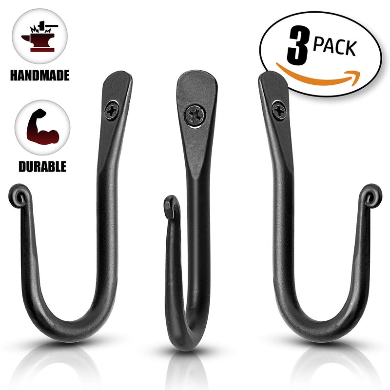 Stur-De Decorative Hooks for Wall - Wall Hooks for Hanging Coats, Hats, & Bags, Versatile Towel Hooks for Bathrooms or Kitchen - Wrought Iron Hanging Hooks - Pack of 3, Black - 2 x 0.35 x 3.75 Inches - Image 2